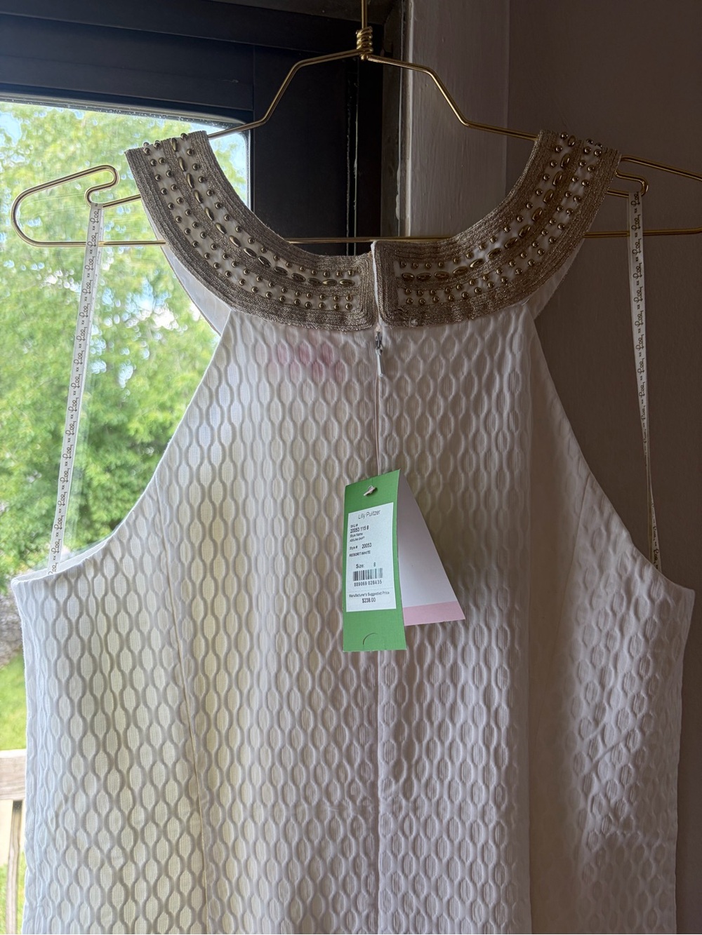 Lilly Pulitzer Cream Textured Shift Dress with Gold Embellished Neckline - Picture 3 of 16
